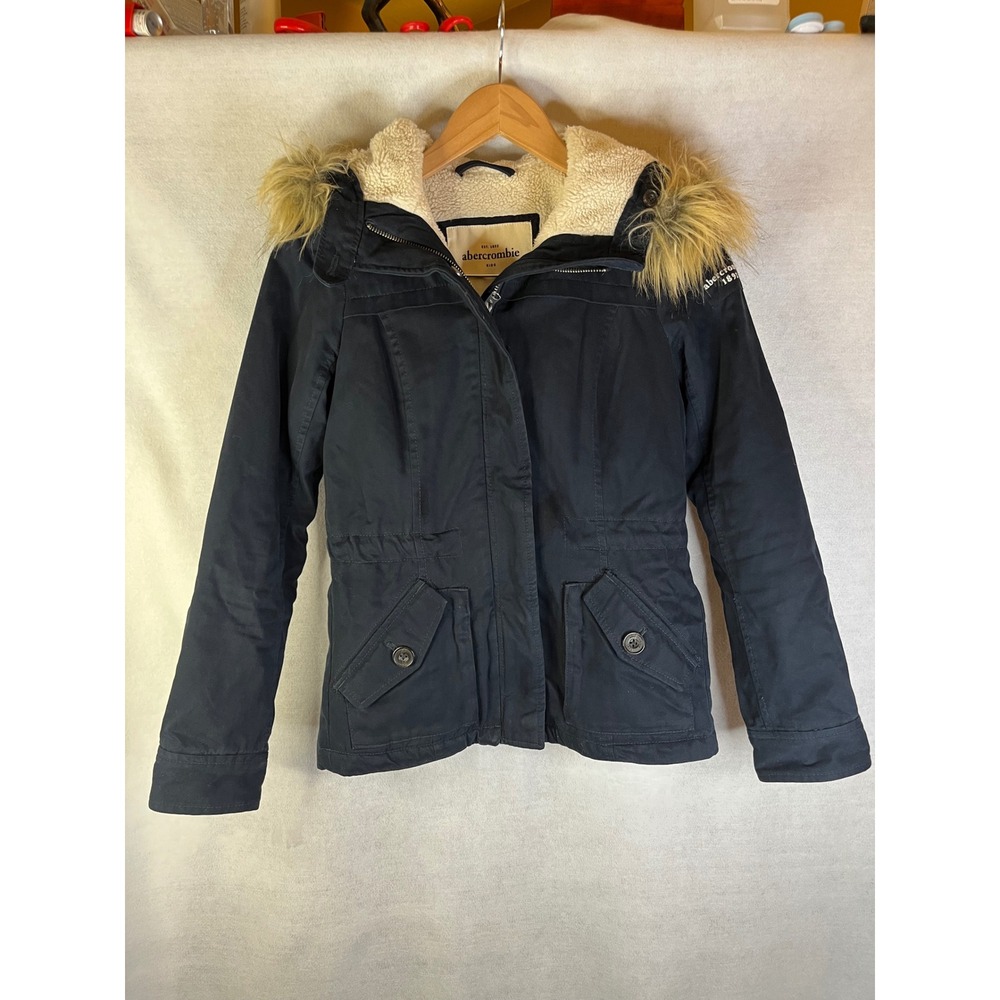 Abercrombie and Fitch Y2K 2000's Parka Jacket Girls Hooded Navy Faux Fur Sz XL